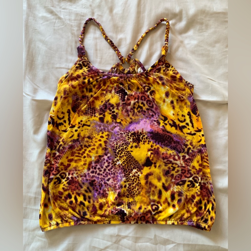Y2K Cheetah Print Crisscross Top w/ Braided Sleeves, Ring Back, & Cinched Bottom